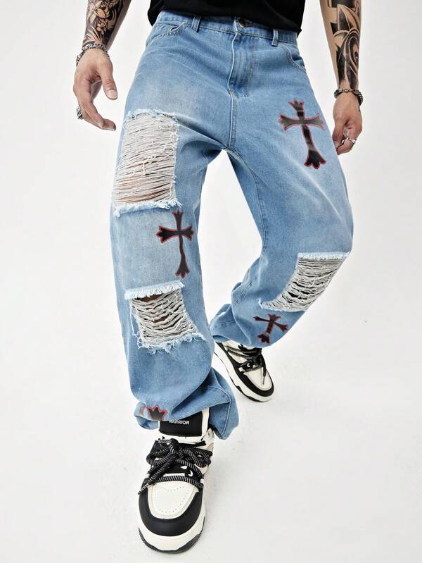 Calça Baggy Jeans Estampa Com Cruz