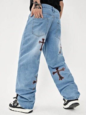 Calça Baggy Jeans Estampa Com Cruz