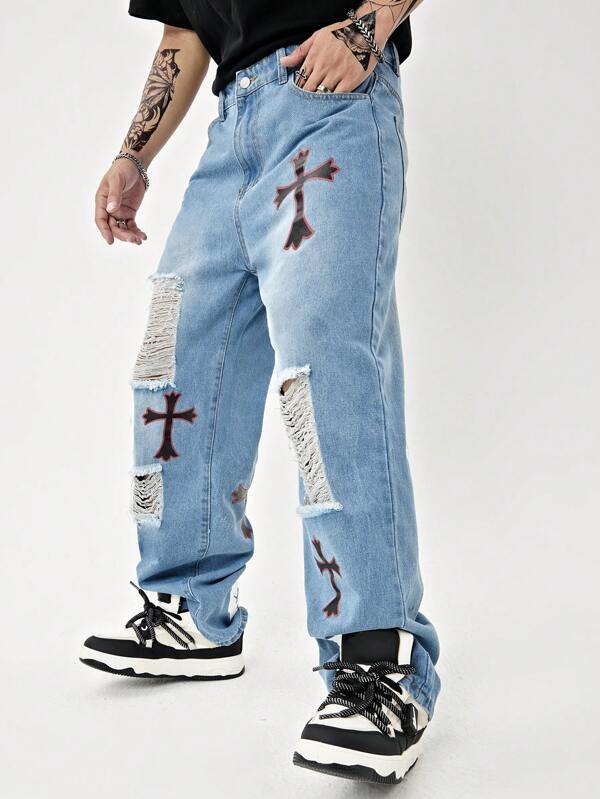 Calça Baggy Jeans Estampa Com Cruz