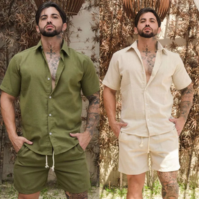 (PROMAÇÃO COMPRE 1 LEVE 2) Conjunto Camisa de Botão e short Masculino Liso em Viscose