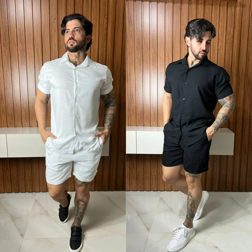 (PROMAÇÃO COMPRE 1 LEVE 2) Conjunto Camisa de Botão e short Masculino Liso em Viscose