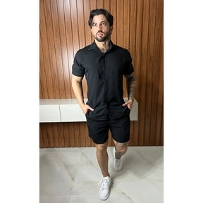 (PROMAÇÃO COMPRE 1 LEVE 2) Conjunto Camisa de Botão e short Masculino Liso em Viscose