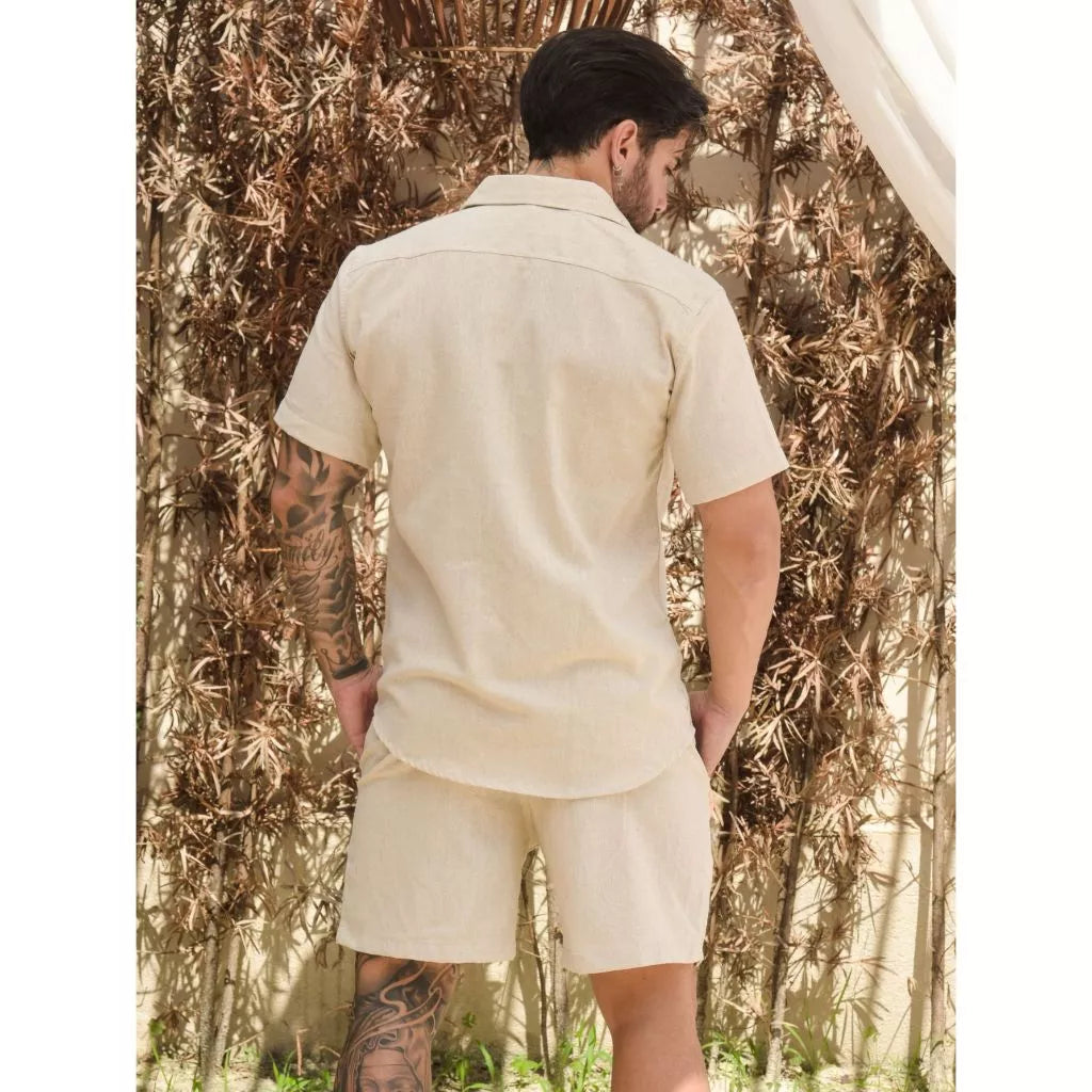 (PROMAÇÃO COMPRE 1 LEVE 2) Conjunto Camisa de Botão e short Masculino Liso em Viscose