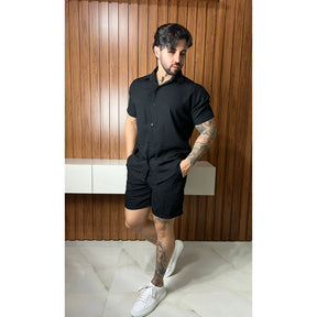 (PROMAÇÃO COMPRE 1 LEVE 2) Conjunto Camisa de Botão e short Masculino Liso em Viscose