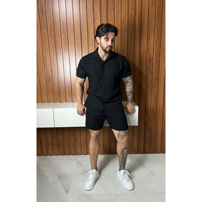 (PROMAÇÃO COMPRE 1 LEVE 2) Conjunto Camisa de Botão e short Masculino Liso em Viscose