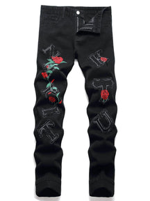 Calça slim fit Preta Bordado De Flores - Artigo de grife