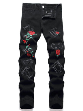 Calça slim fit Preta Bordado De Flores - Artigo de grife